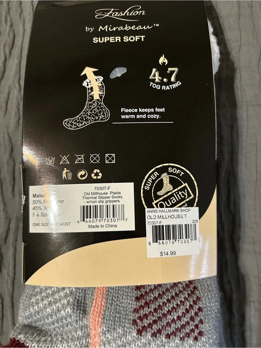 Thermal Plush-Lined Slipper Socks - Gray Plaid with Burgundy Accents
